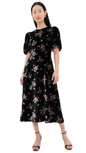 August Sky Women's Puff Sleeve Velvet Midi Dress