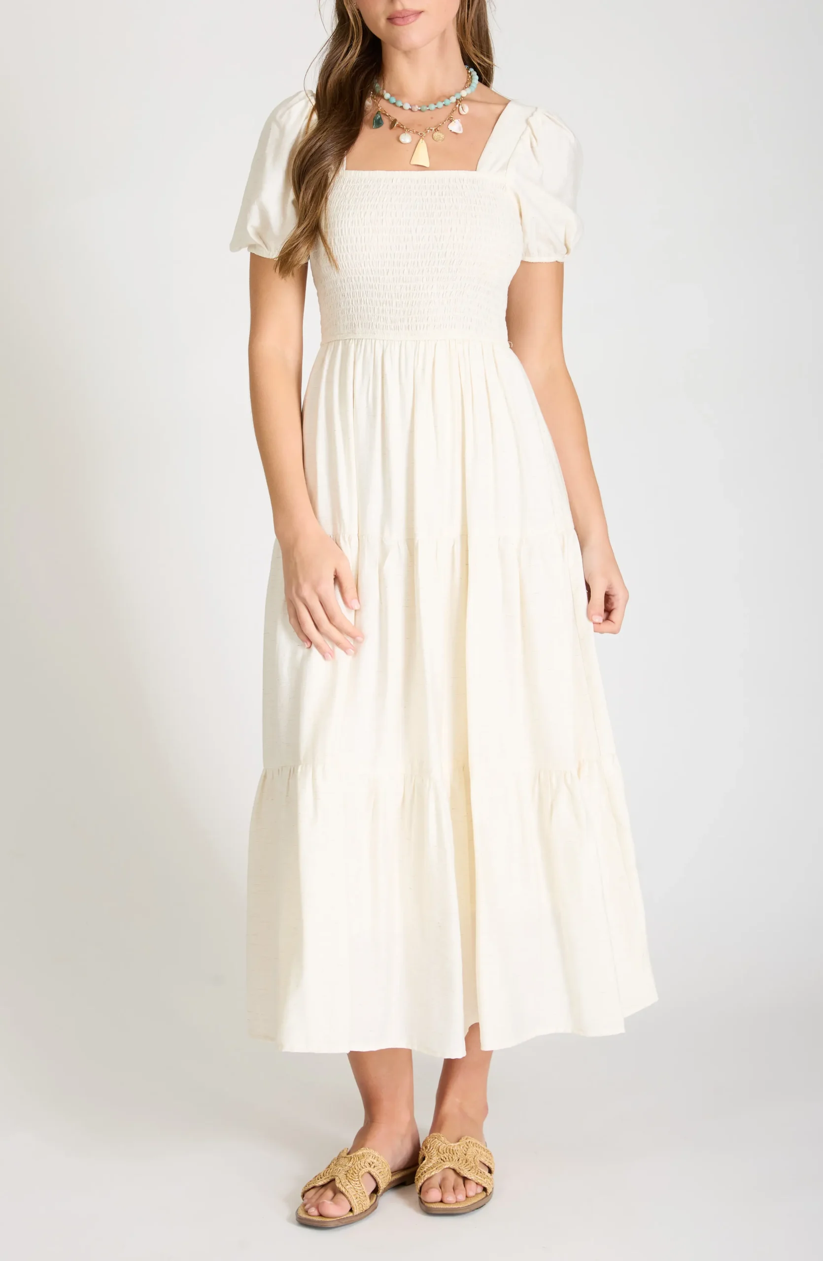 August Sky women's puff sleeve floral midi dress